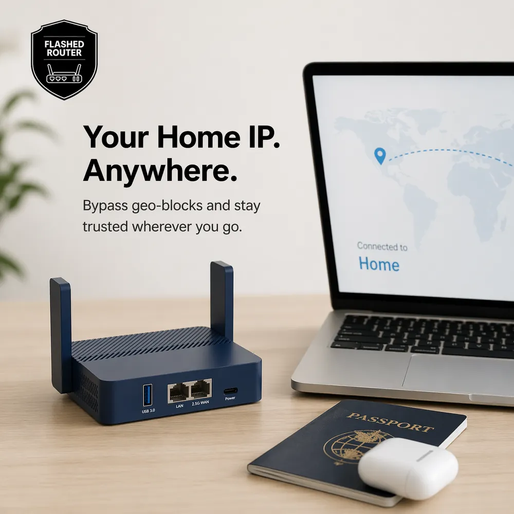 Laptop showing Connected to Home next to a passport and the FreedomRouters device