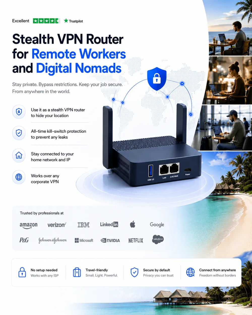Stealth VPN router marketing sheet showing the device, kill-switch and works-over-corporate-VPN features